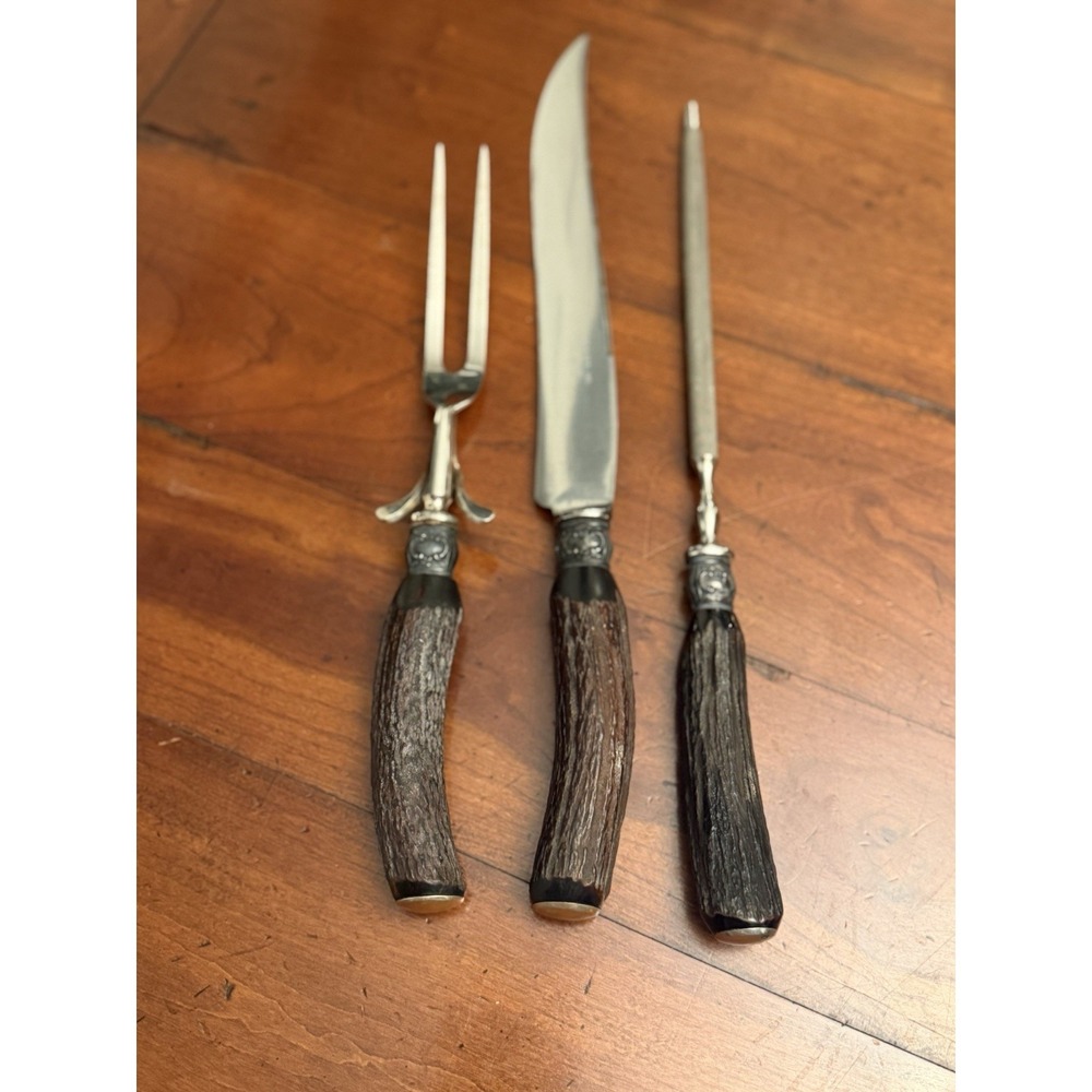 Antique E Weck & Sons Neverstain NY 3‎ Pc Carving Set Genuine Stag Antler Handle